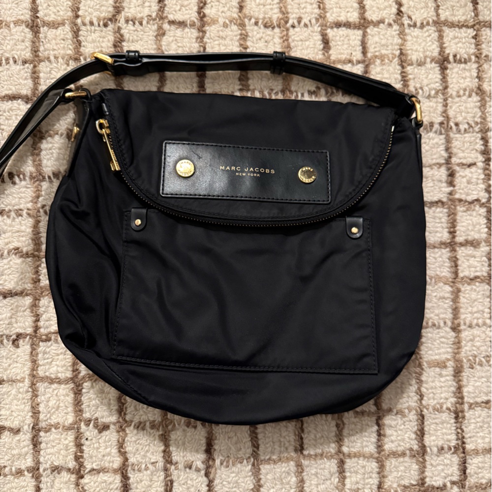 Marc Jacobs Black Nylon Hobo Bag with Gold Accents